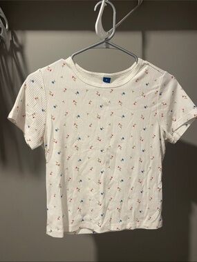White Ribbed Tee with Tiny pink & Blue Floral Print